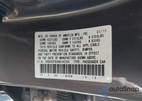2017 Honda Accord Ex-L from USA, damaged, VIN 1HGCR2F83HA140224
